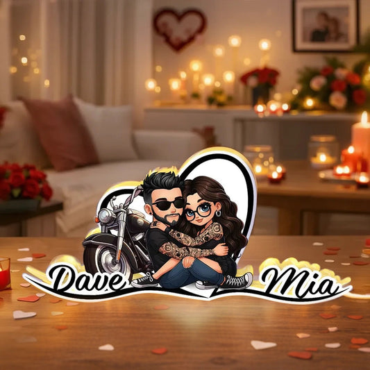 Personalized Acrylic Light Box Sunset Biker Couple Hugging by a Motorcycle Warm Glow Unique Gift for Couples
