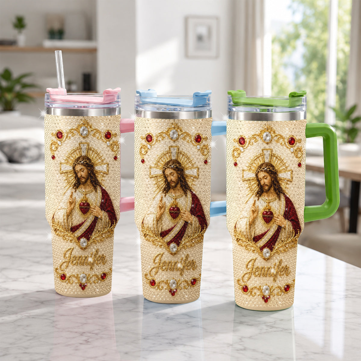 God Bless You - Personalized Christian Rhinestone Tumbler With Handle