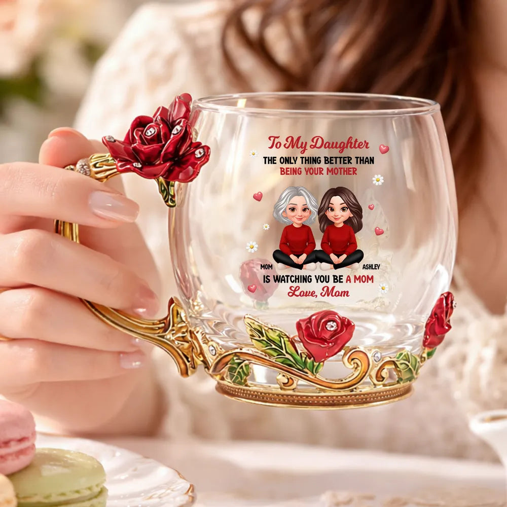 Personalized Enamel Flower Tea Cup with Mom and Daughter Illustration, Sweet Mother and Daughter Gift for Mother's Day