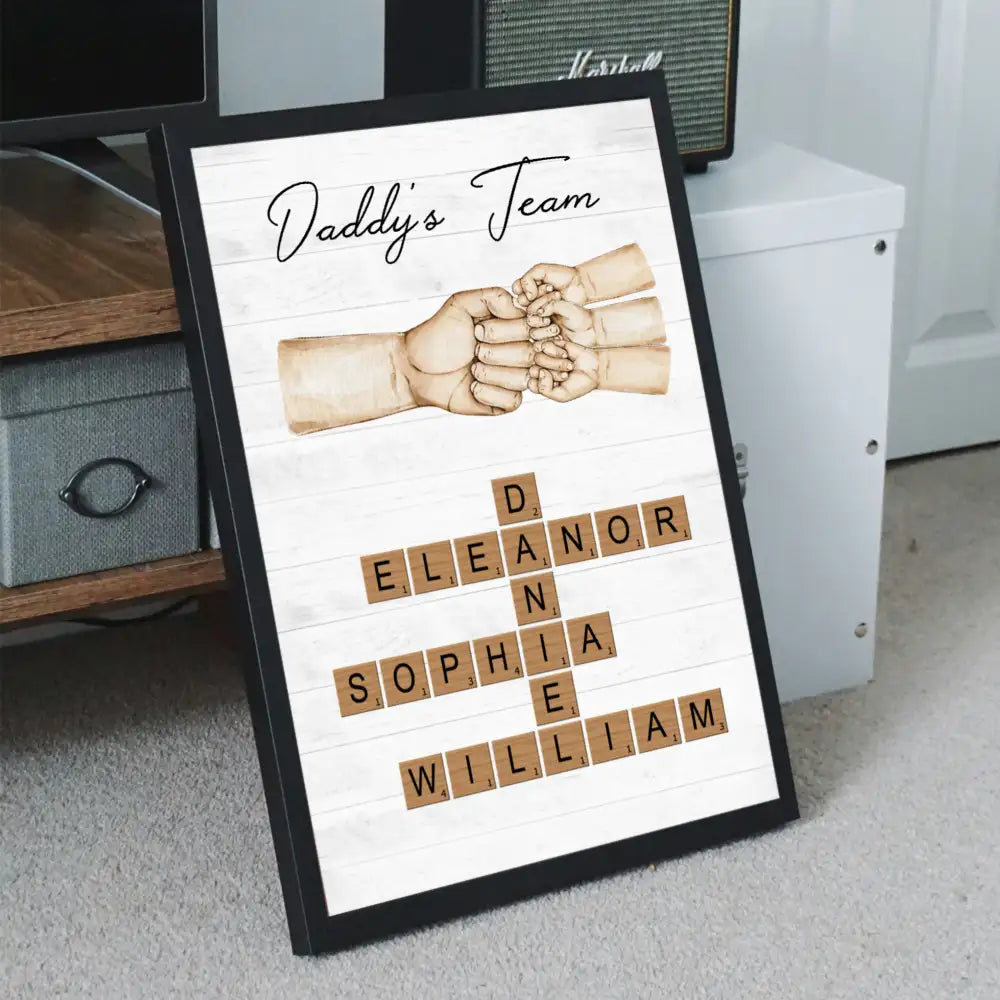 Daddy's Team Poster with Fist Bump Crossword Design, Heartwarming Family Scene, Perfect Gift for Dad