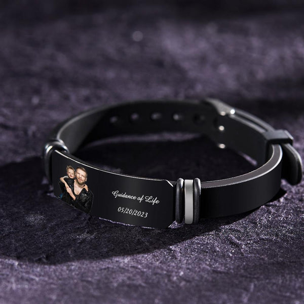 Any Photo And Message - Personalized Photo Engraved Black Bracelet