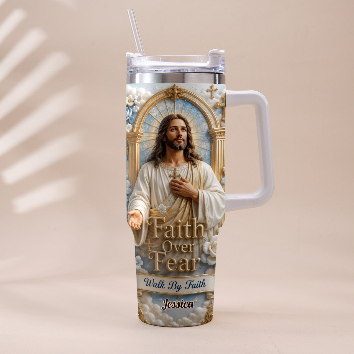 Faith Over Fear - Personalized Christian Tumbler With Plush Charm