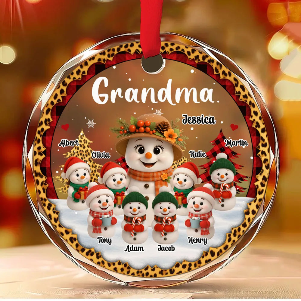 Personalized Crystal Ornament for Grandma with Cute Snowman Grandkid Scene, Festive Holiday Decor & Unique Gift