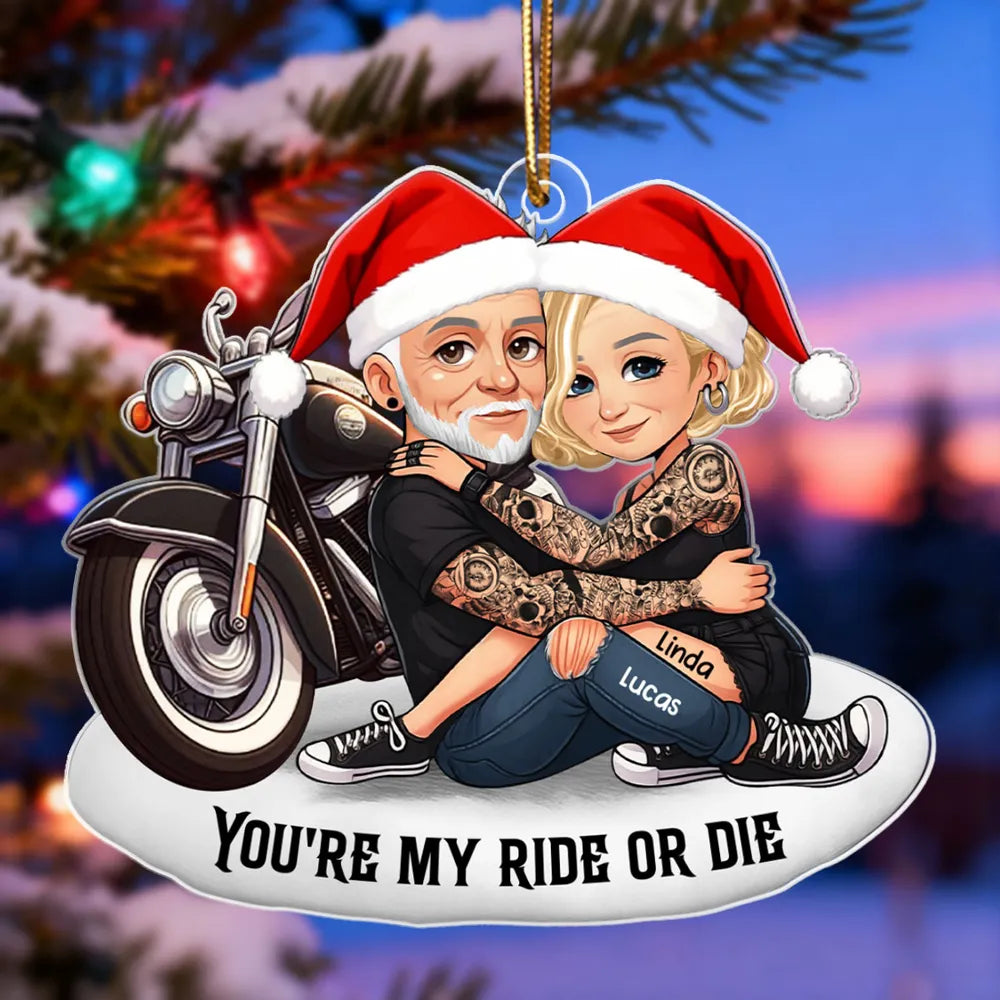 Acrylic Ornament Personalized for Riding Partners, Hugging Biker Couple on a Motorcycle, Unique Romantic Gift