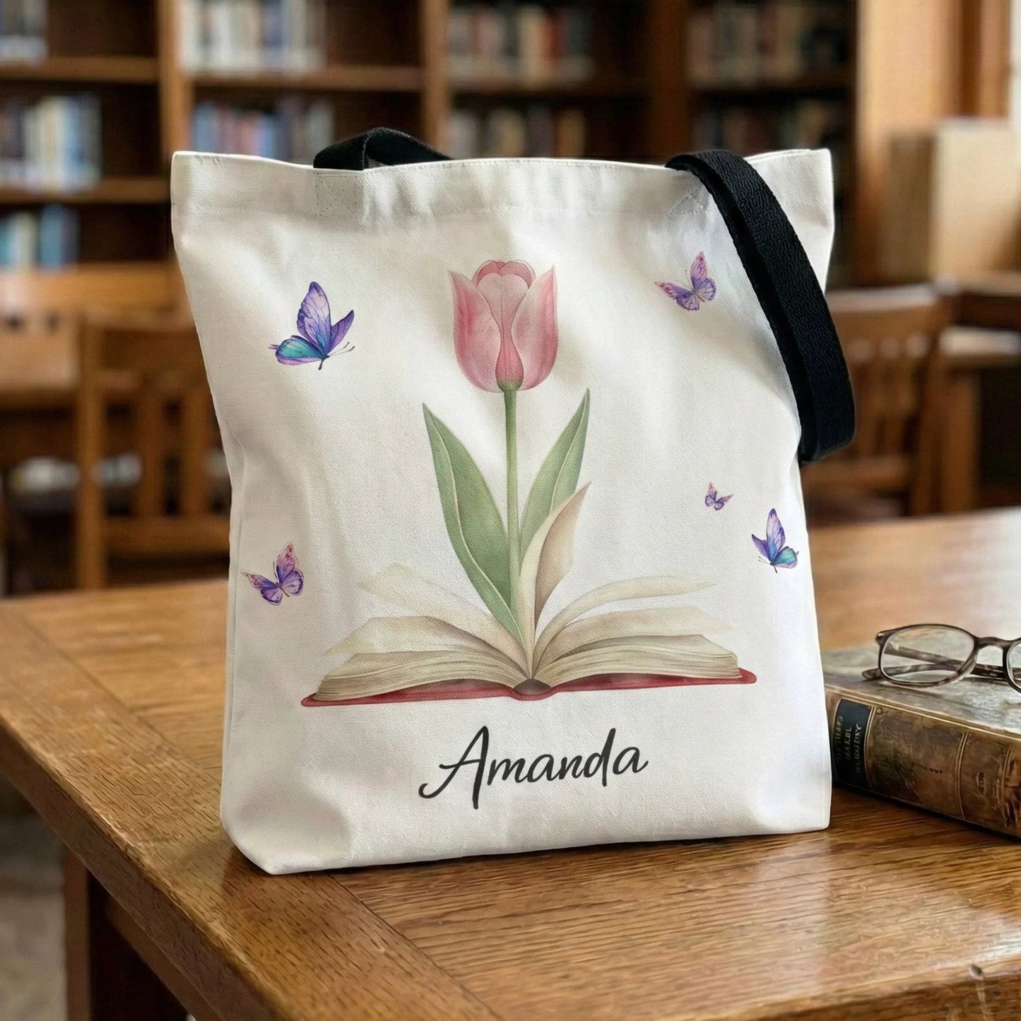 Personalized Tote Bag with Birth Flower Book Design, Butterfly Accent, Unique Gift for Book Lovers and Book Club Friends