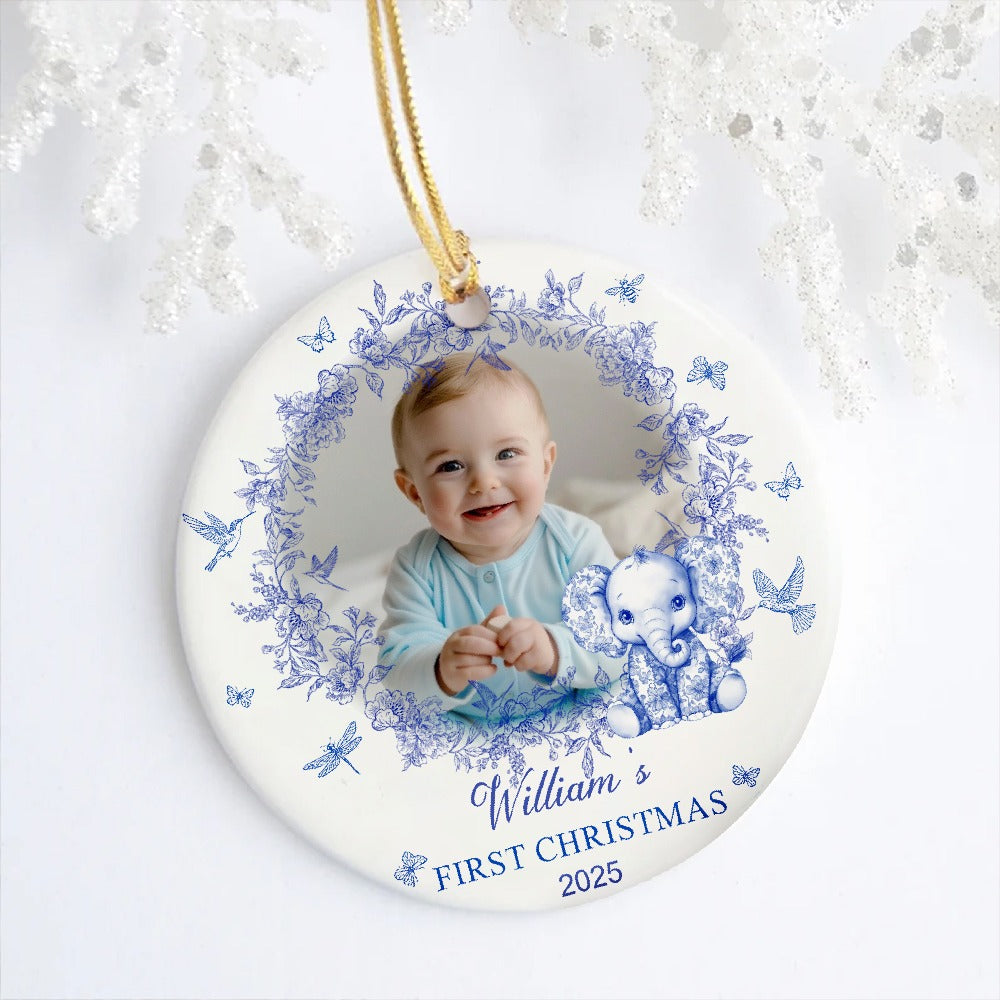 Ceramic Ornament with Baby’s First Christmas Theme, Blue Floral Wreath Design, Perfect Keepsake Gift for Newborn Celebration