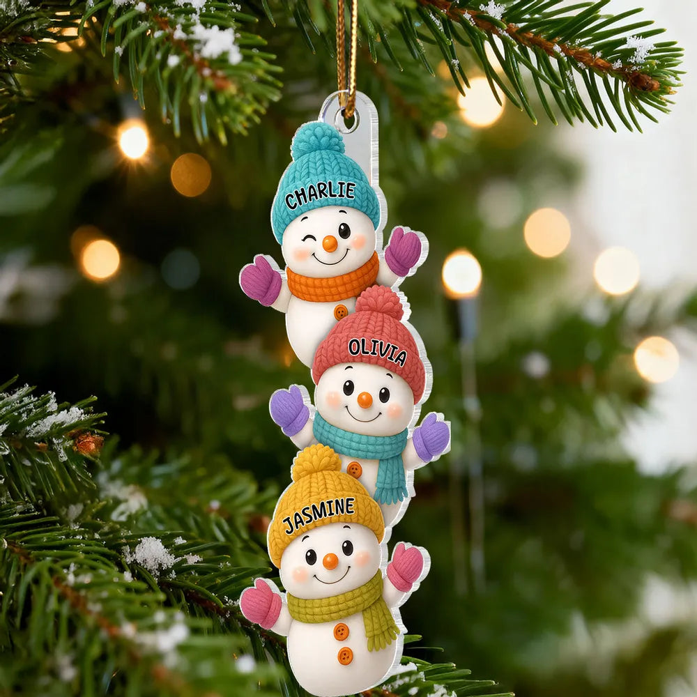 Personalized Acrylic Ornament with Stacked Snowmen Characters, Cute Family Christmas Decor, Unique Holiday Tree Gift