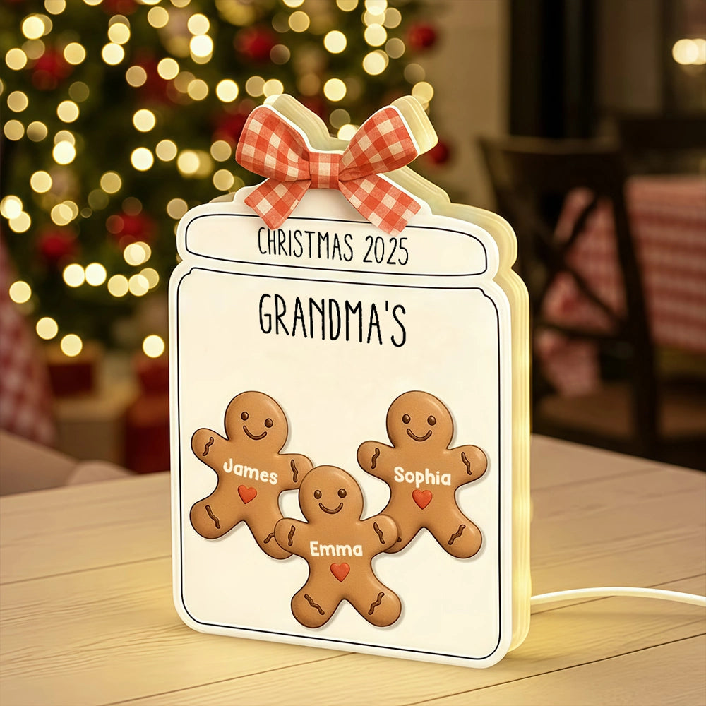 Custom Christmas Acrylic Light Box with Gingerbread Kids Soft Light for Grandparents Cozy Bedroom or Kitchen Décor Unique Gift