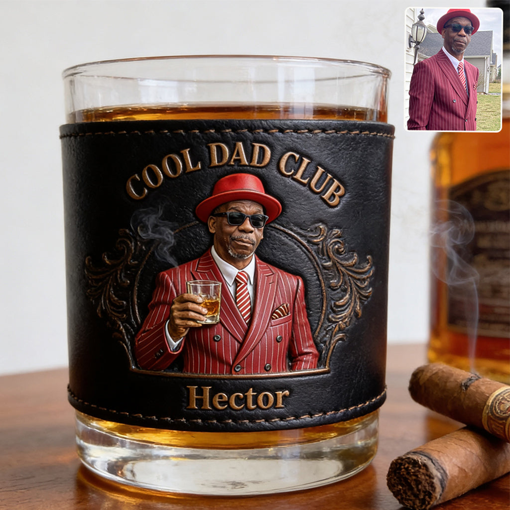 Cool Dad Club - Personalized Father Whiskey Glass With Leather Holder