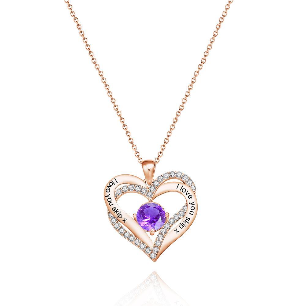 Double Heart - Personalized Couple Diamond Heart Pendant Necklace With Birthstone