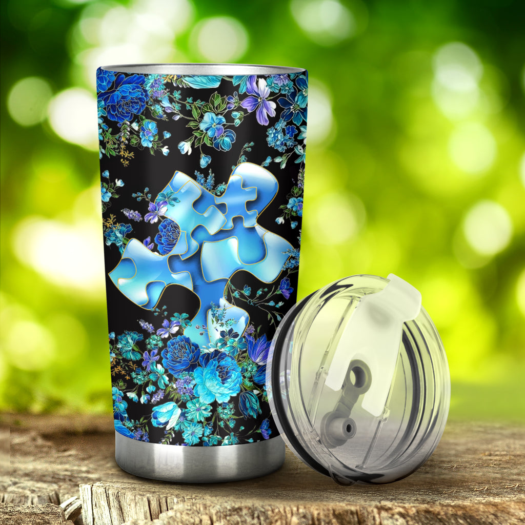 Blue Floral Puzzle Autism Awareness Tumbler 0622