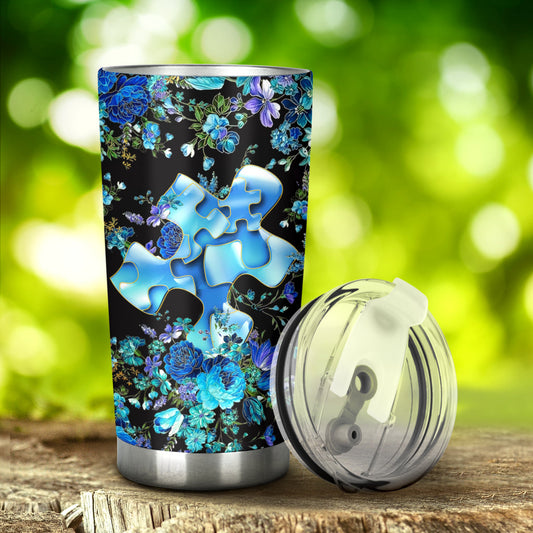 Blue Floral Puzzle Autism Awareness Tumbler 0622