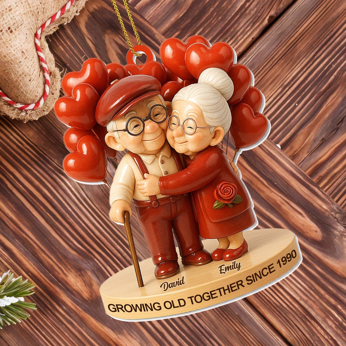 Personalized Acrylic Ornament Cute Elderly Couple Hugging With Heart Balloons Holiday Decor Unique Gift For Couples