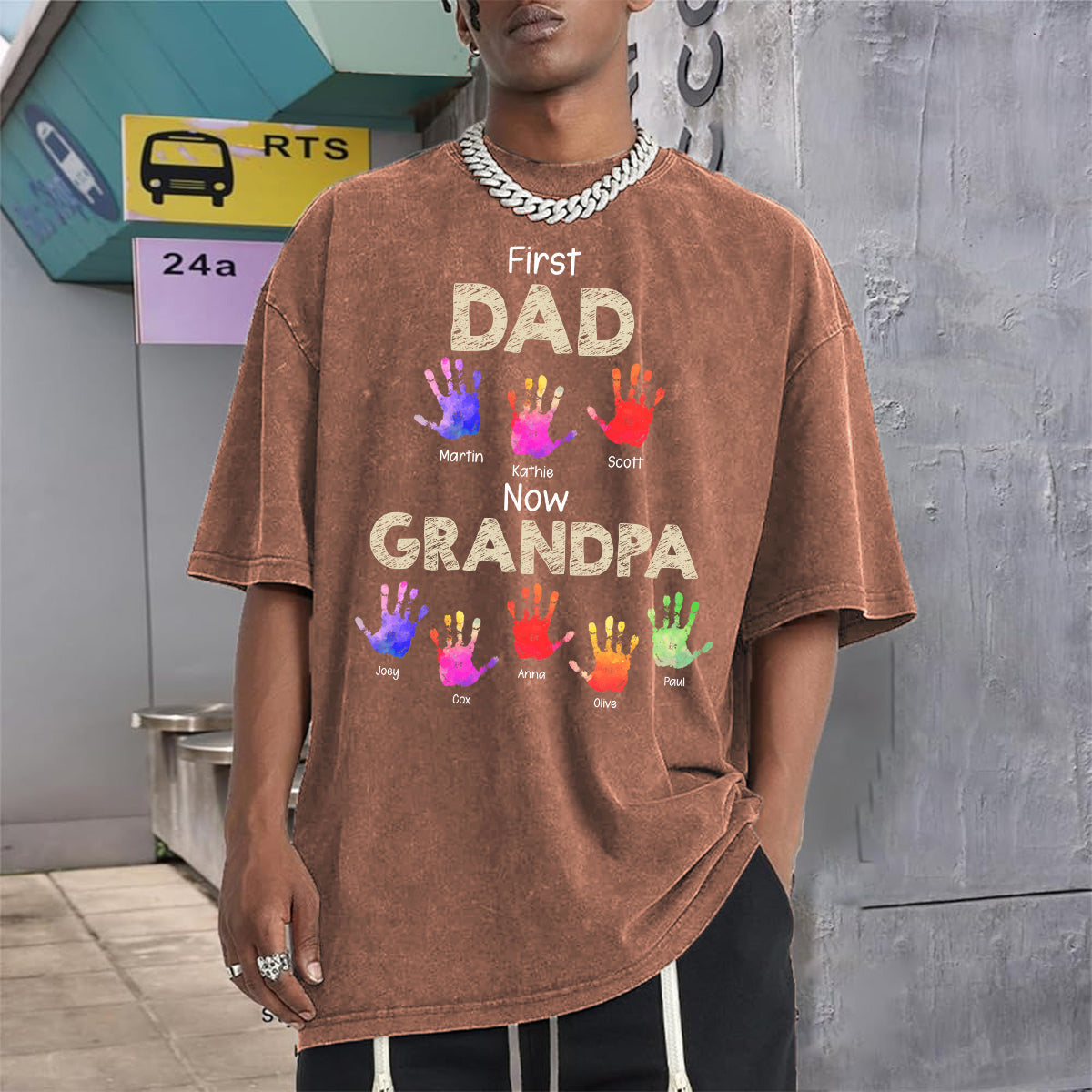 First Dad Now Grandpa Handprints - Personalized Grandpa Wash T-Shirt