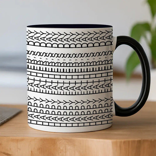 Creative Father’s Day Mug – Abstract Text Pattern Design in White Ceramic Style