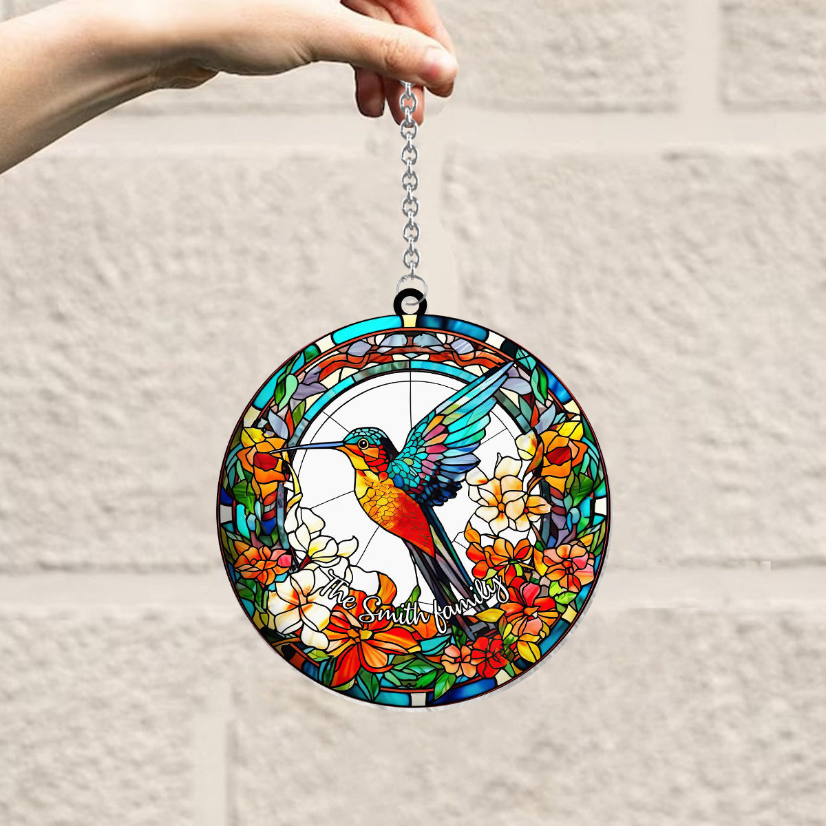 Beautiful Hummingbird Surrounded by Flowers - Personalized Hummingbird Window Hanging Suncatcher Ornament