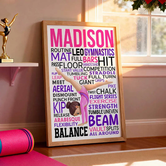 Personalized Gymnast Word Art Poster for a Daughter or Granddaughter, Cartwheel Pose Wall Decor, Unique Gift