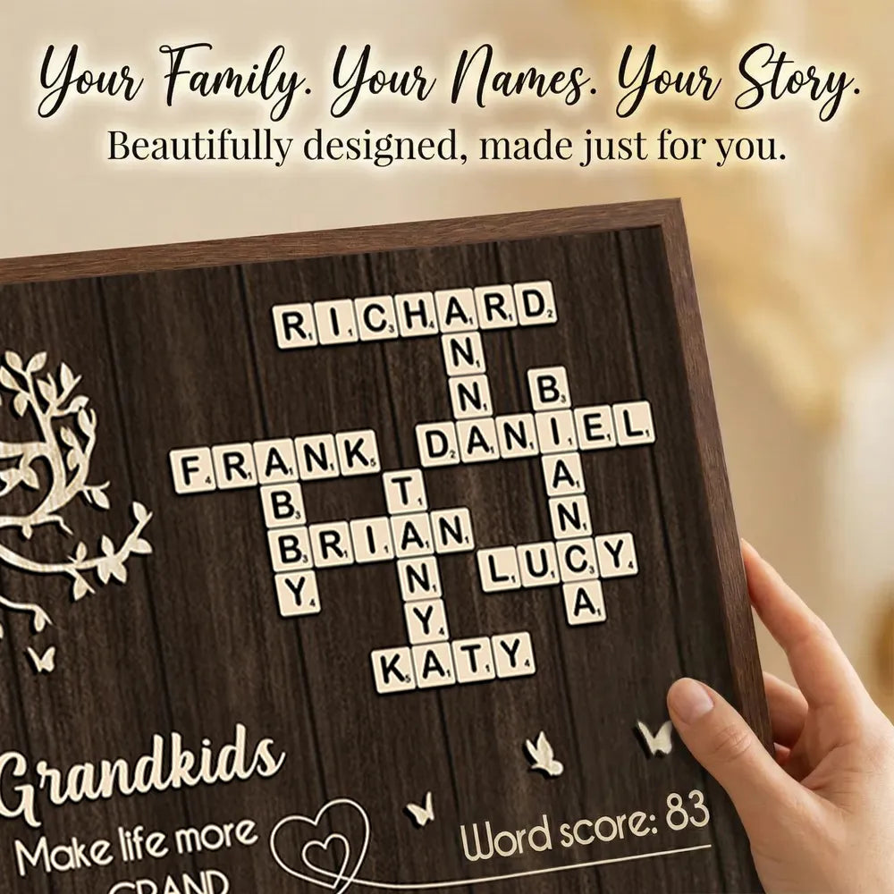 Personalized Grandkids Poster with Family Tree & Crossword Names – Custom Wall Art Gift for Grandma & Grandpa, Unique Home Decor Keepsake