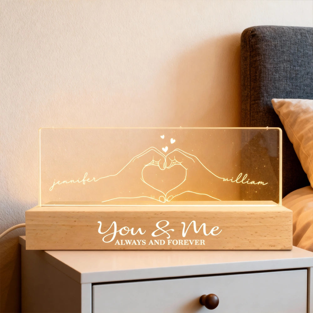Personalized Block LED Light Plaque with Heart Hands Outline for Couple, Warm Night Light Keepsake, Unique Gift for Him or Her