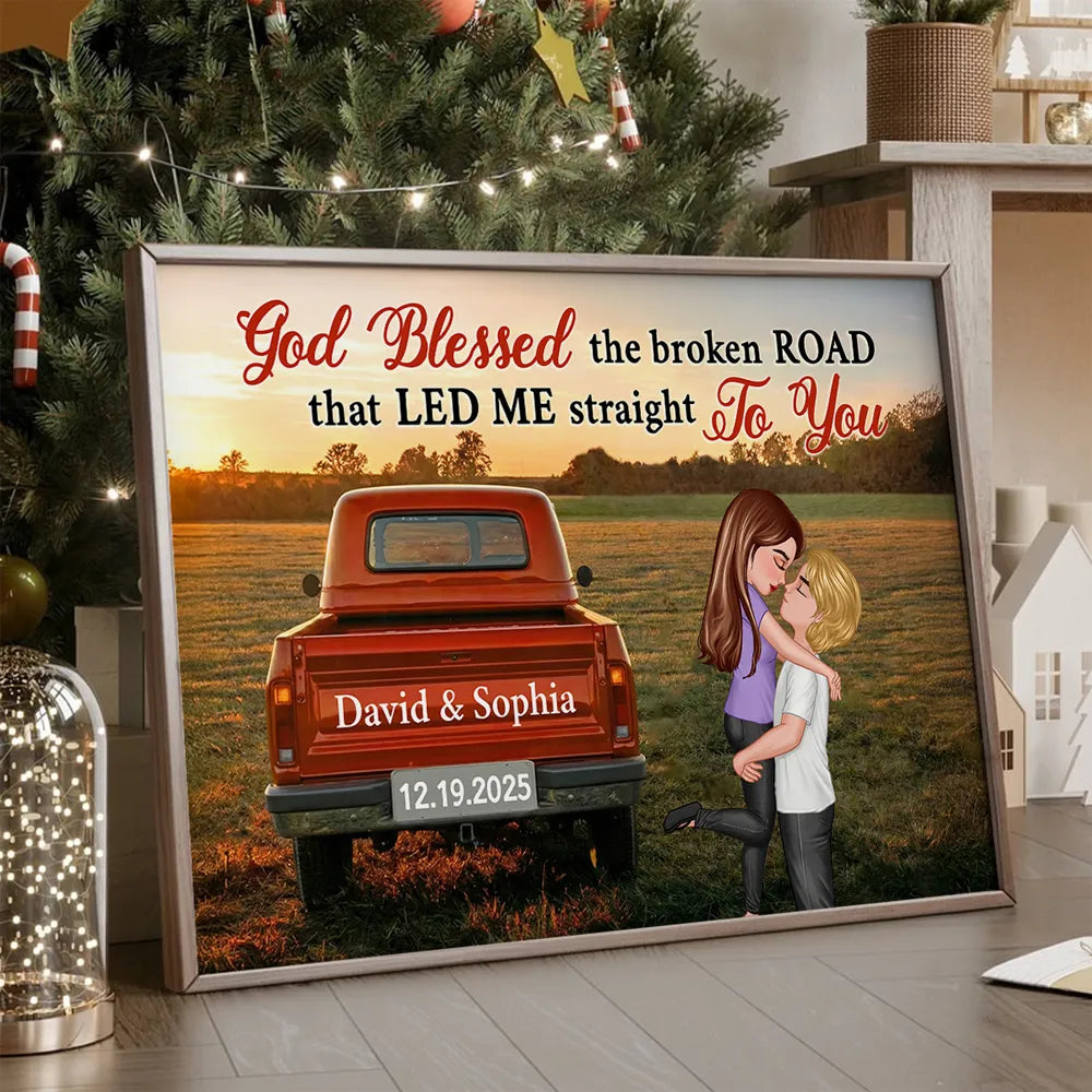 God Blessed the Broken Road Personalized Poster – Custom Hugging Couple Wall Art, Modern Home Decor and Heartfelt Gift for Him or Her