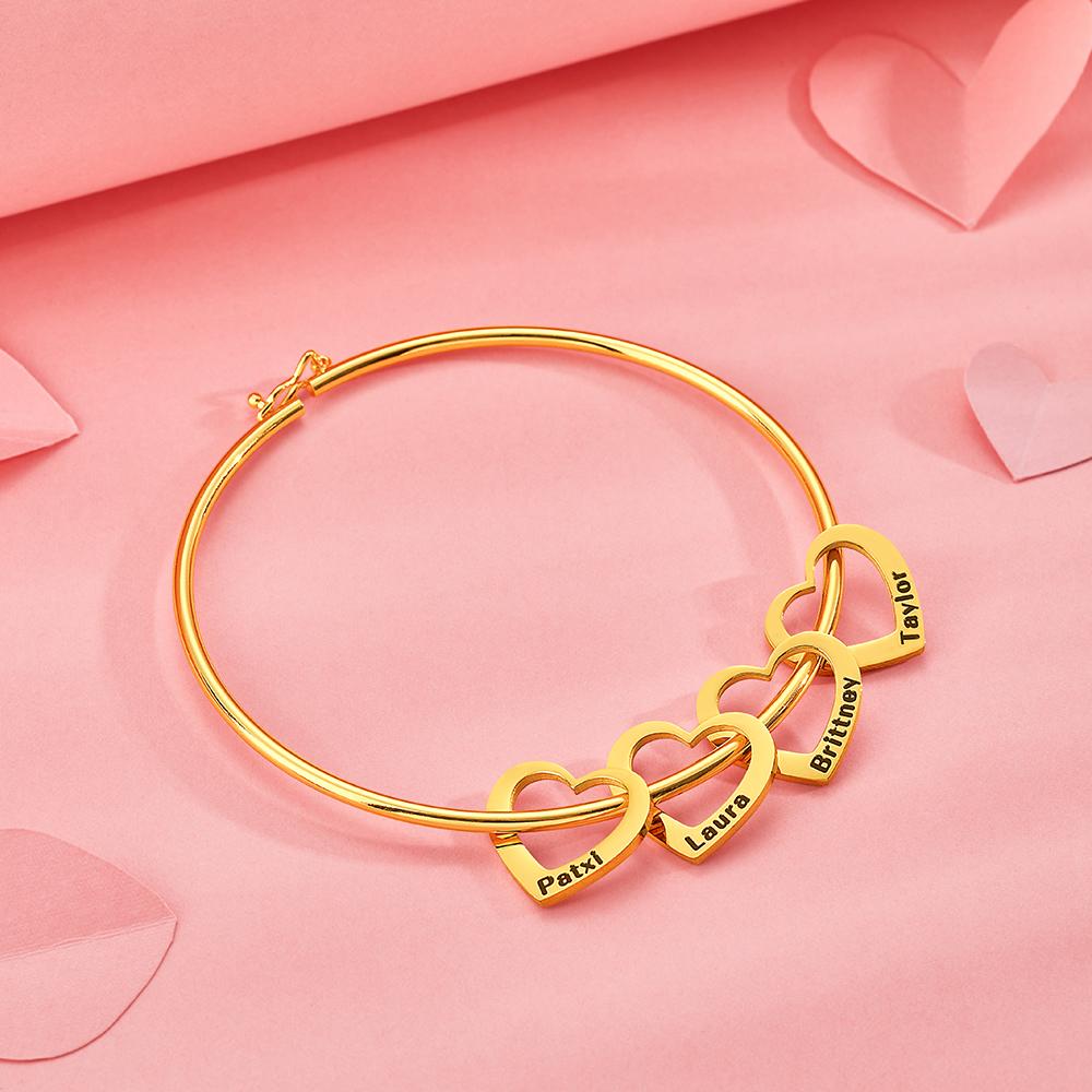 Any Name - Personalized Family Bangle Bracelet with Heart/Round Pendants