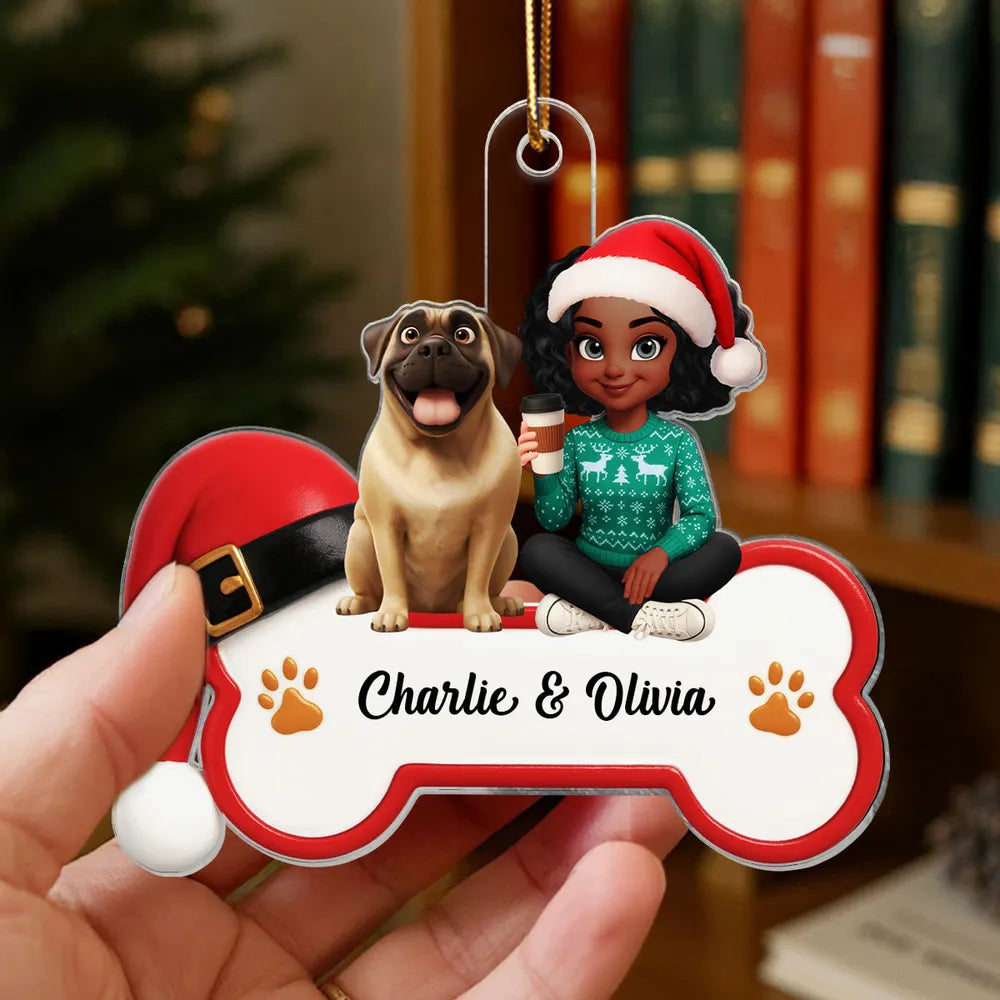 Acrylic Ornament - Personalized Girl with Dog Bone Design for Christmas Tree, unique gift for Dog Lovers
