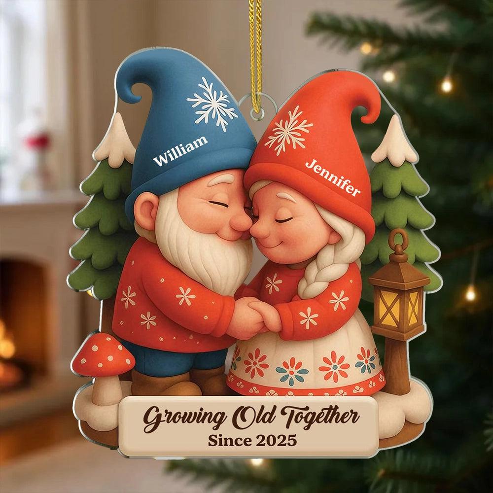 Acrylic Ornament, Cozy Gnome Couple Hugging on Christmas Tree, Romantic Keepsake, a Unique Gift for Couples