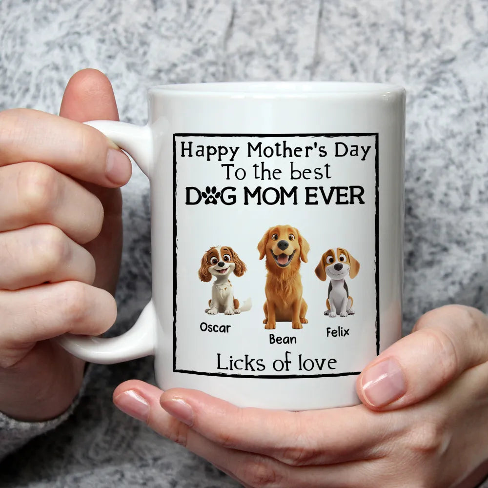 Happy Father’s Day Mug – Cartoon Dogs Sitting Together with Licks of Love – Personalized Gift for Dog Dads
