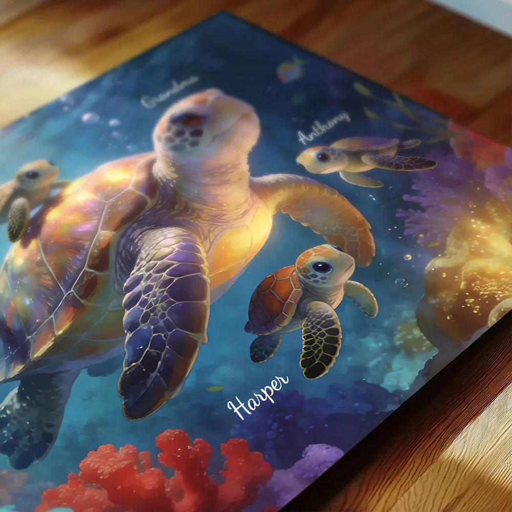 Underwater Grandma Turtle With Little Turtles Personalized Poster, Vibrant Ocean Decor, Meaningful Gift for Grandma and Family