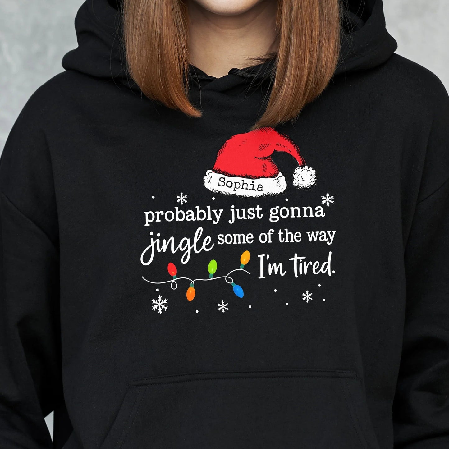 Custom Name Classic Tee with Santa Hat and Lights, Hilarious Christmas Shirt for Parties, A Unique Relaxed Holiday Gift