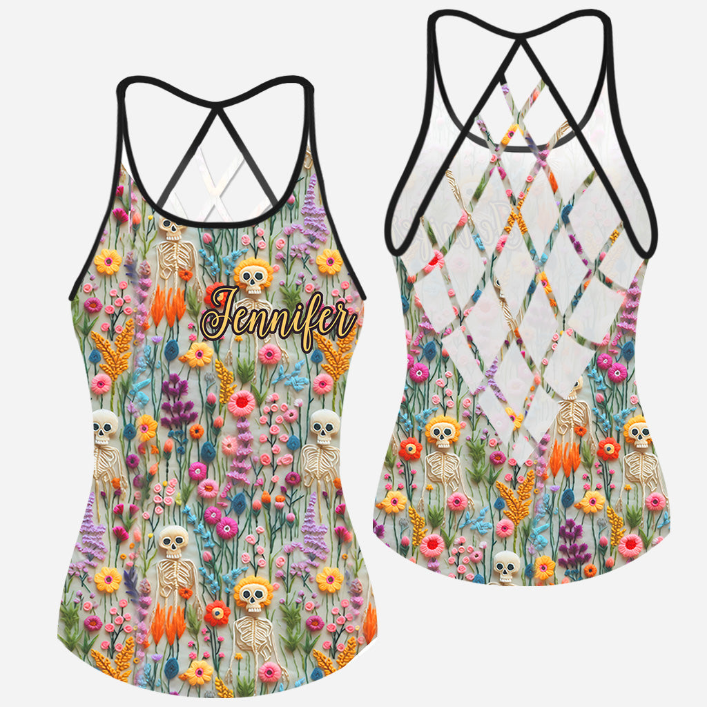 Floral Skeleton - Personalized Skull Cross Tank Top