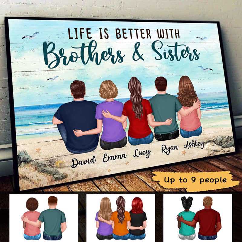 Poster – “Life Is Better with Brothers & Sisters” Beach Back-View Art, Custom Gift for Siblings