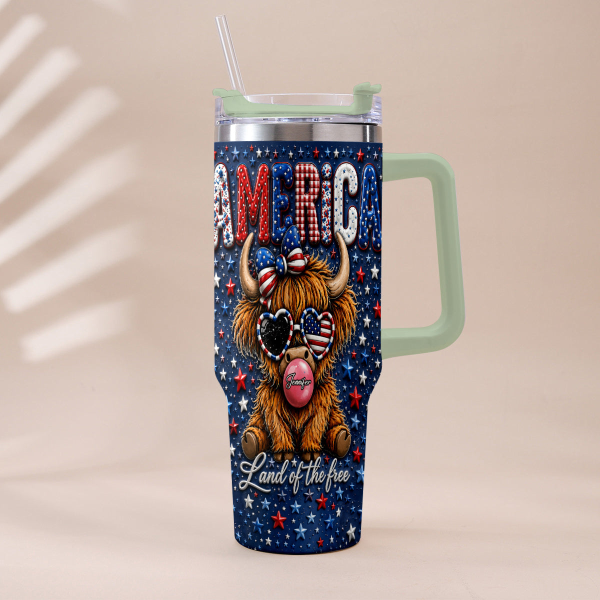 Land Of The Free - Personalized Highland Cow Tumbler With Plush Charm
