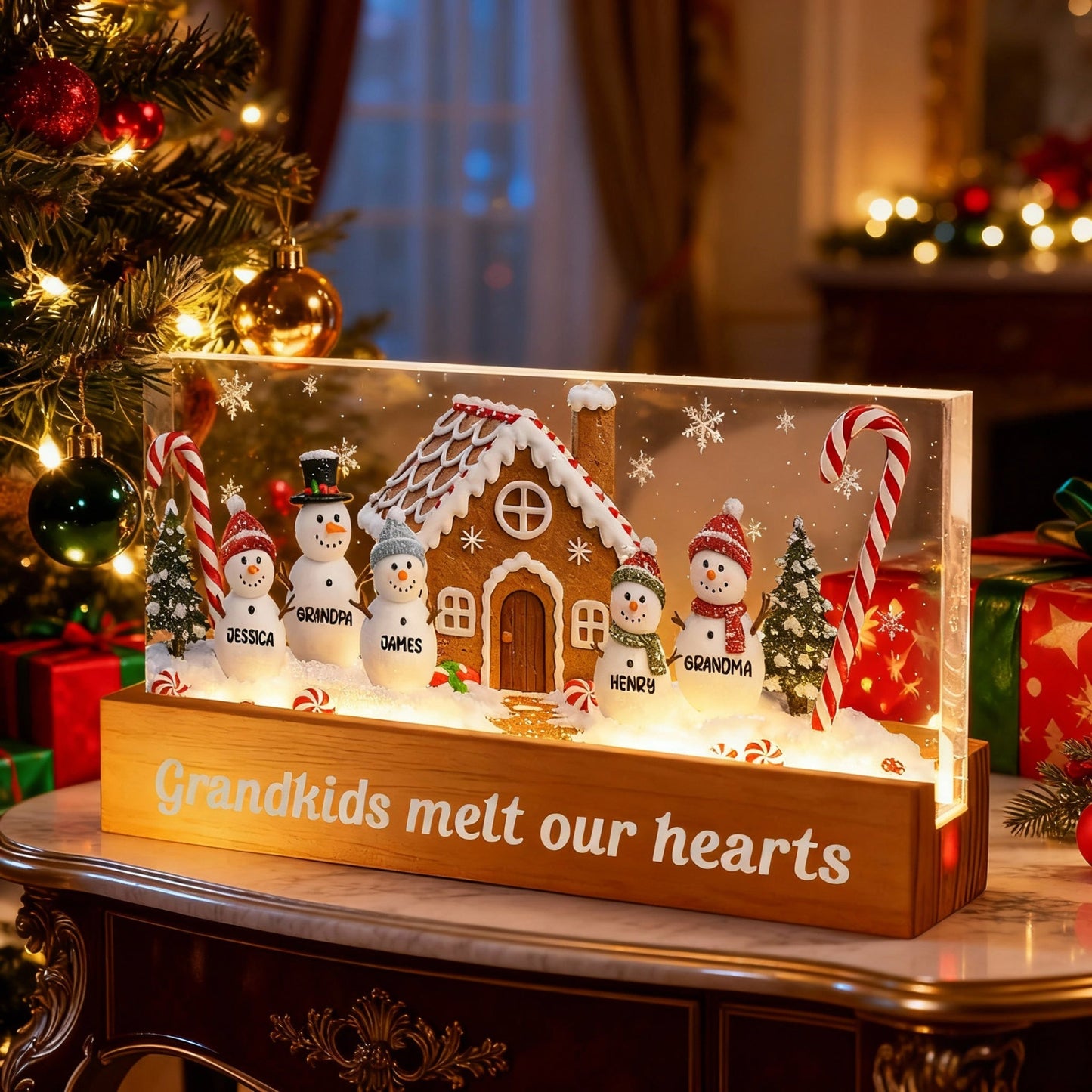 Block LED Light Plaque with Festive Snowy Village, customizable keepsake for family, creative holiday gift