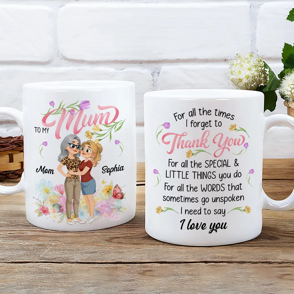 Personalized Ceramic Mug for Mom - Custom Hugging Mom and Daughter Design, Floral Thank You Quote, Unique Gift