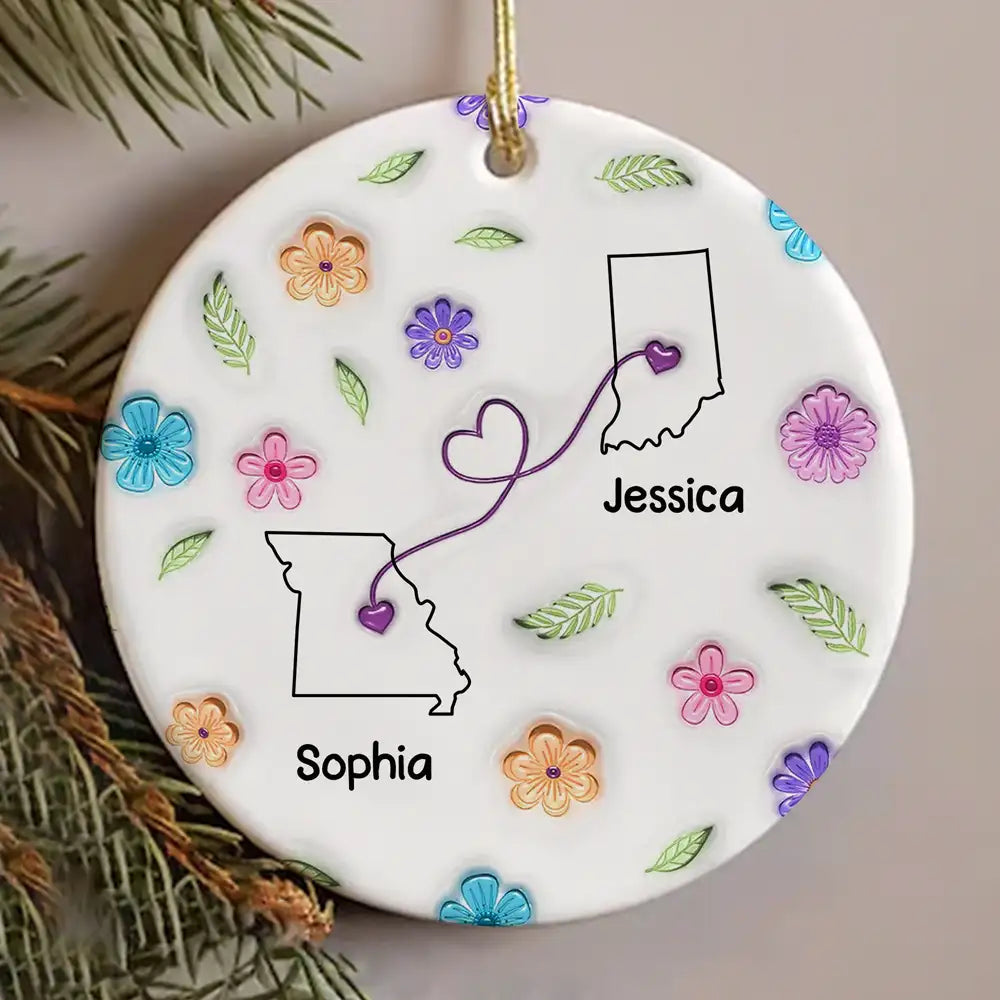Sisters Across States Round Ceramic Ornament with Heart Path & Floral Accents