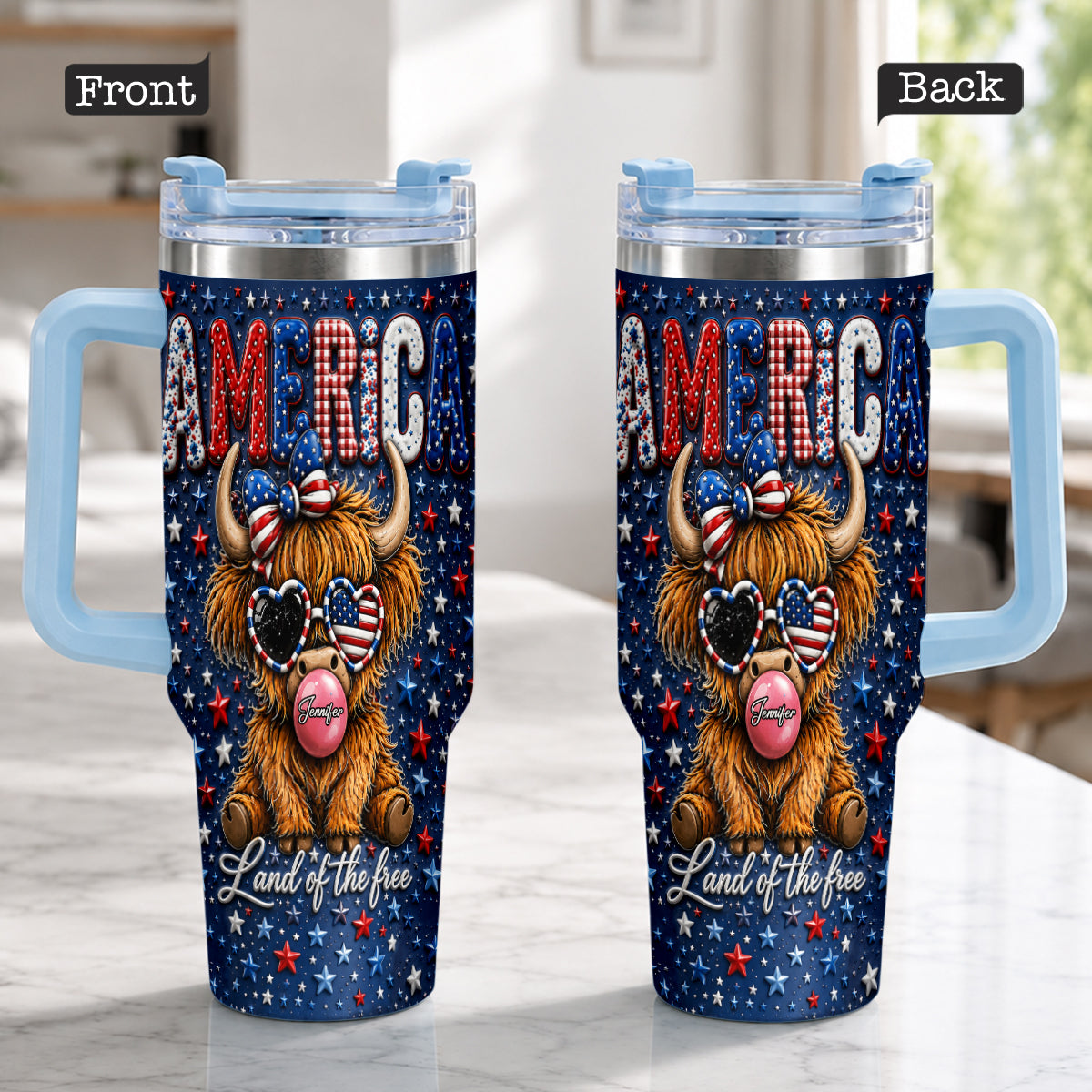 Land Of The Free - Personalized Highland Cow Tumbler With Plush Charm