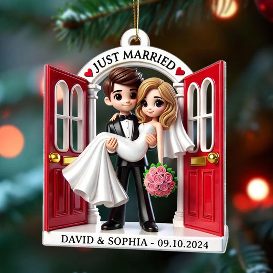 Personalized Acrylic Just Married Couple Ornament | Red Doorway Bride & Groom Carry | Customizable Date & Names
