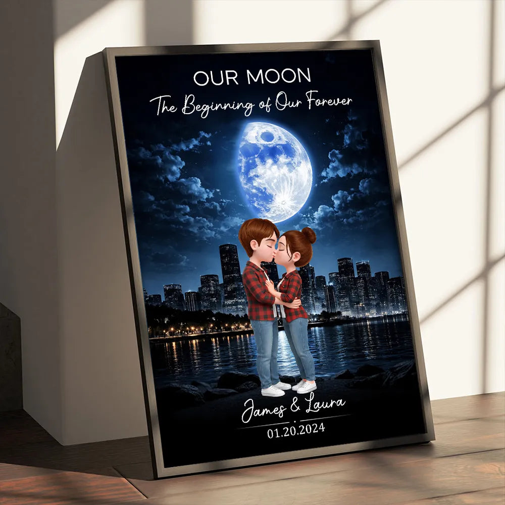 Our Moon Romantic Poster with Kissing Couple by the City Skyline, Personalized Keepsake Wall Art, Unique Wedding Gift