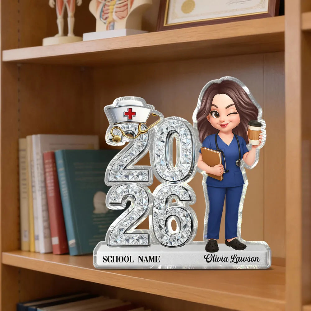 Personalized Shaped Acrylic Block Plaque for Nursing Graduation Class Gift, Cute Nurse Holding Coffee Keepsake