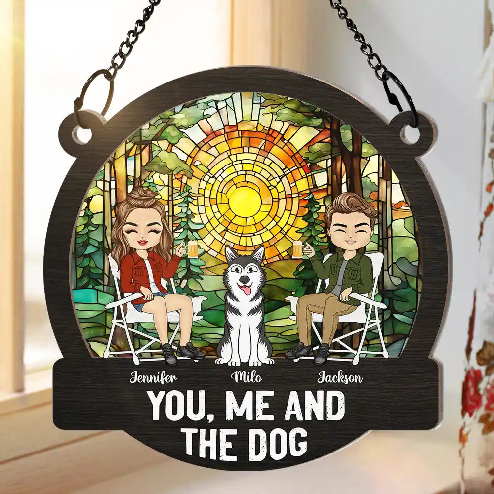 You, Me & the Dog Enjoying a Forest Sunset - Custom Wood & Acrylic Ornament, Perfect for Dog Lovers’ Birthdays or Holiday or valentine's day Gifts