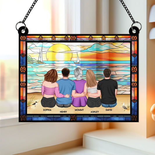 Wood & Acrylic Layered Ornament – Family Sunset by the Sea, Custom Gift for Mother & Siblings