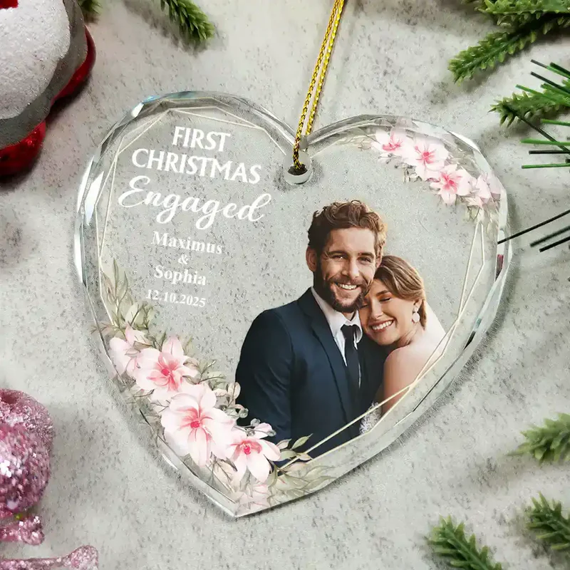 Personalized Crystal Ornament for First Christmas Married – Custom Photo Couple Keepsake, Romantic Holiday Tree Gift