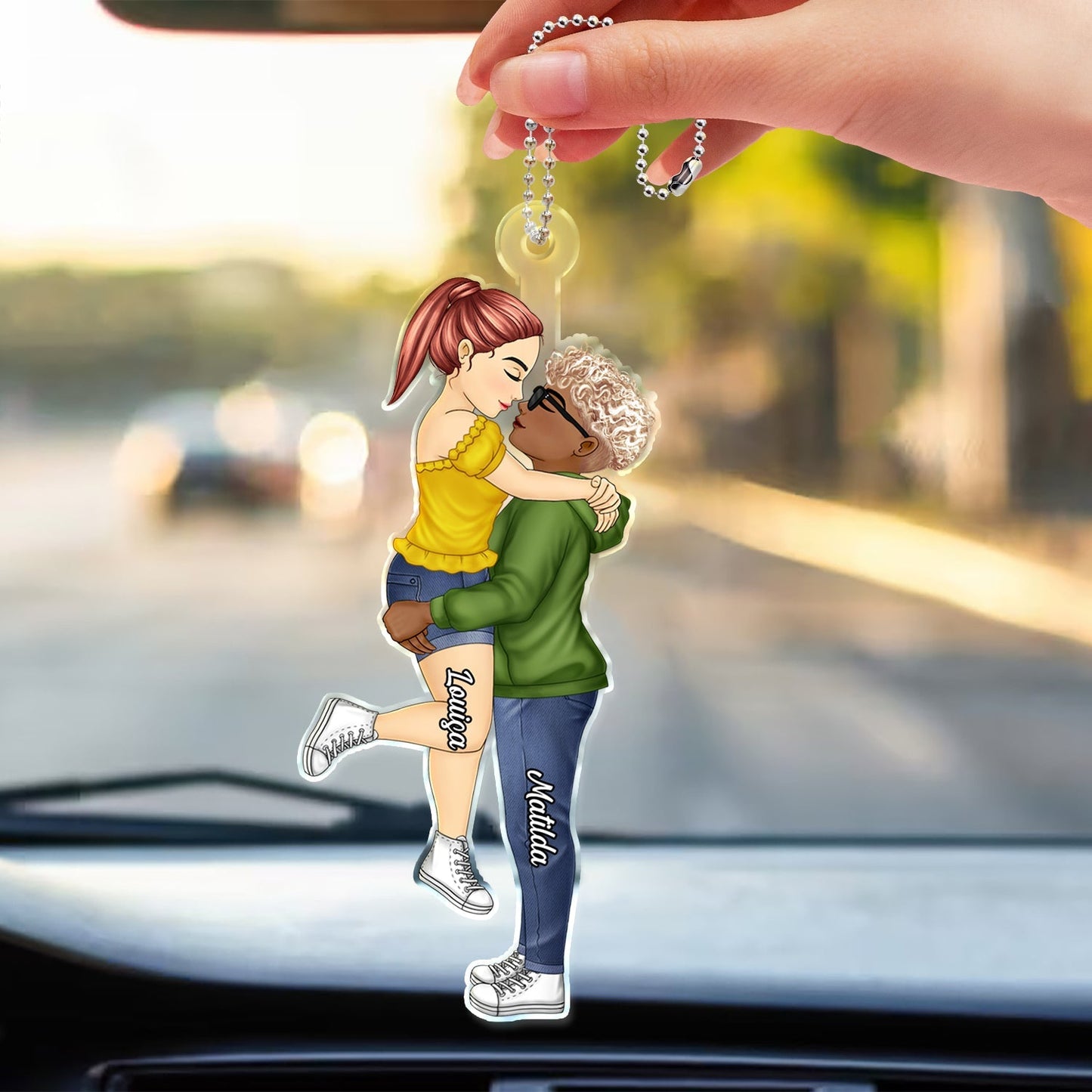 Romantic Couple Kissing - Personalized Acrylic Car Hanger for Anniversary Gift
