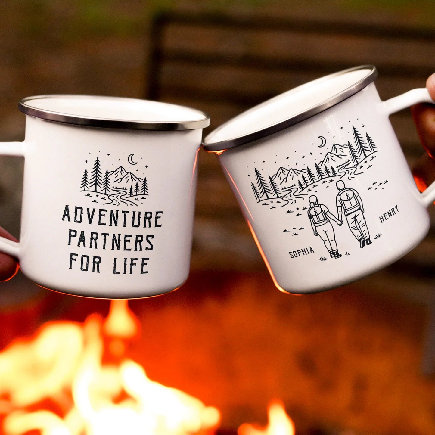 Personalized Enamel Mug Adventure Partners For Life Hiking Couple Gift, Minimal Mountain Line Art