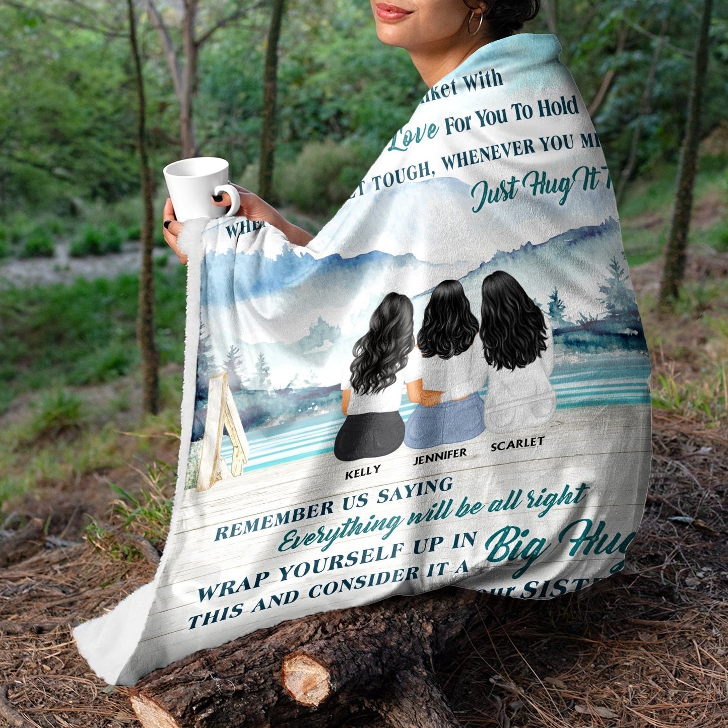 "To Our Sister" Personalized Custom Watercolor Sisters Hug Fleece Blanket, Unique Healing Gift for Sister, Friend, Soulmate