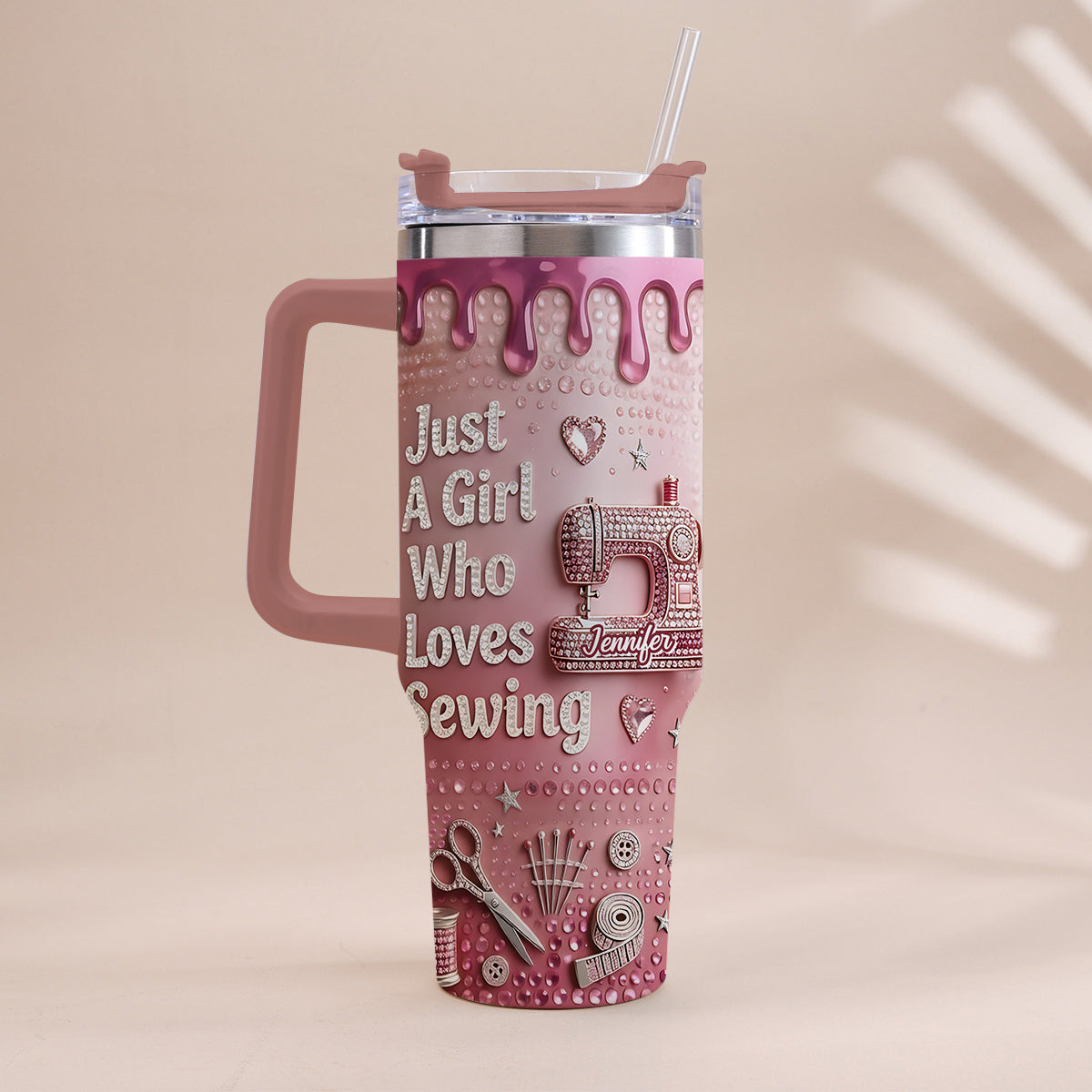 Just A Girl Who Loves Sewing - Personalized Sewing Tumbler With Handle