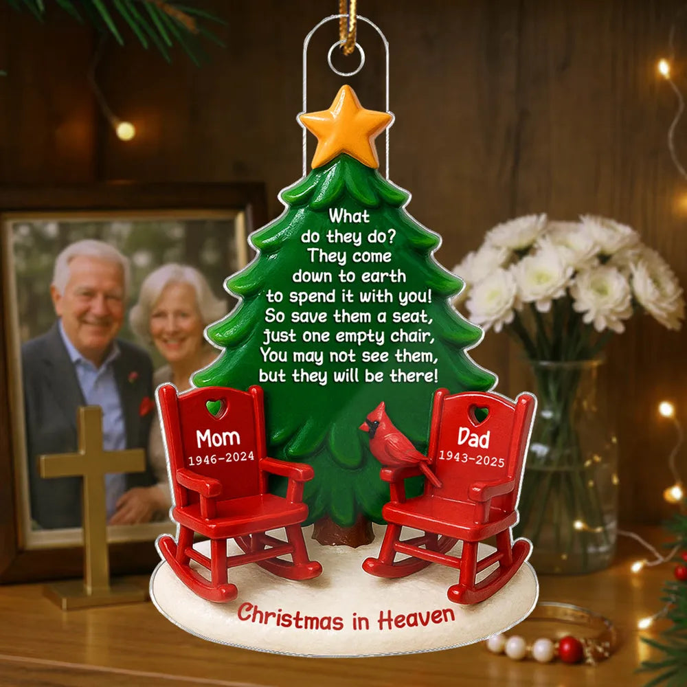 Acrylic Ornament Christmas in Heaven – Red Rocking Chairs & Tree Design, Touching Memorial Gift for Parents or Family