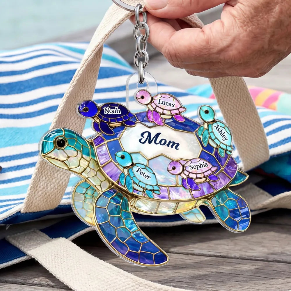 Personalized Sea Turtle Acrylic Keychain for Grandma - Bright Stained Glass Style Beach Charm, Unique Gift for Her