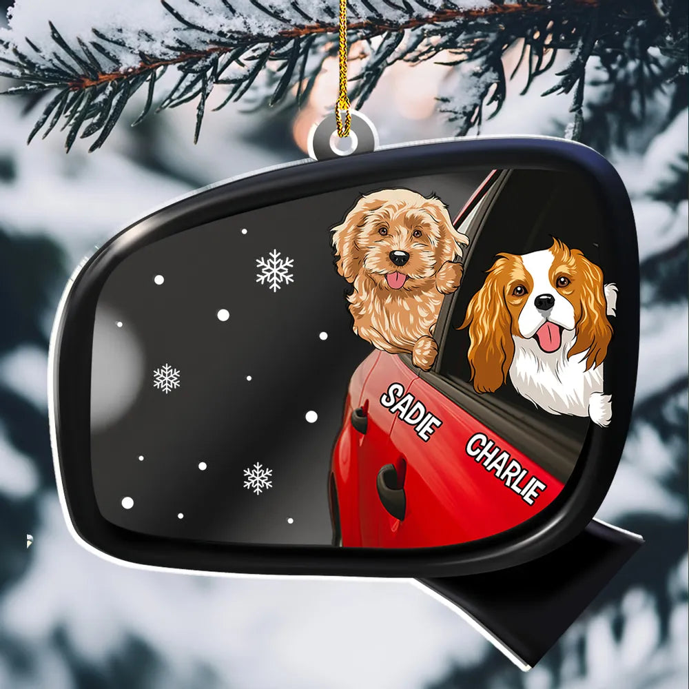 Acrylic Ornament - Personalized Mirrored Acrylic, Dog Head Out the Window, Snowy Scene, Unique Gift for Dog Lovers
